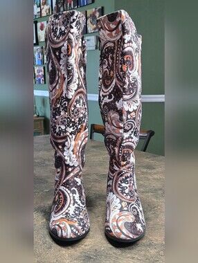 Women's Paisley Pattern Knee-High Heeled Boots #1274